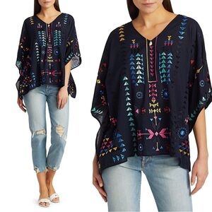 FIGUE • Ritika Half-Sleeve Embroidered Kaftan Top navy blue midnight flowy